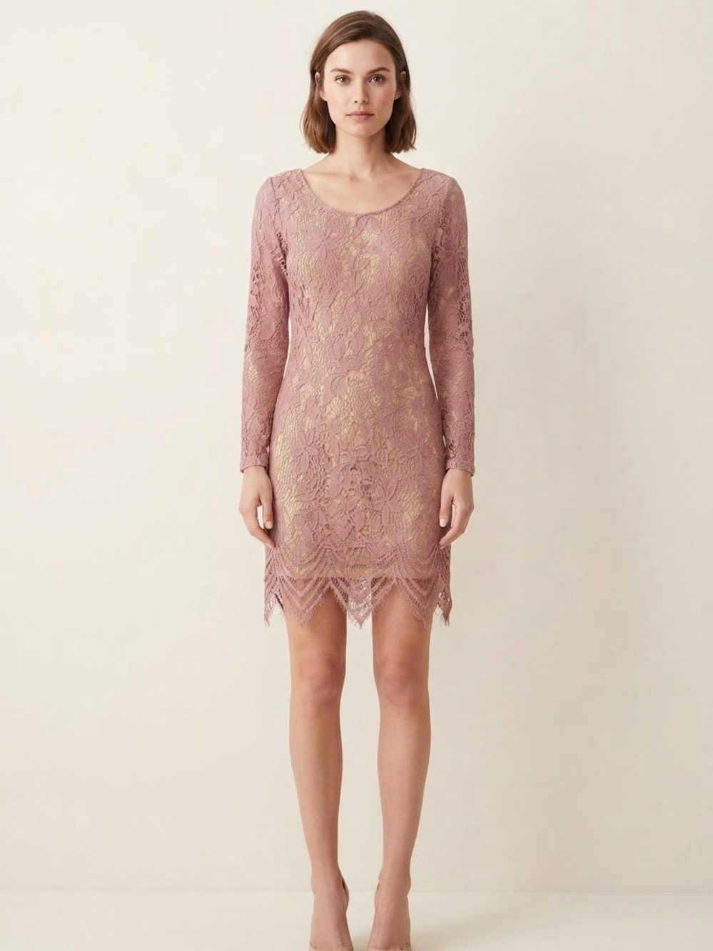 Y2K Charlotte Russe Dusty Rose Lace Long-Sleeve Sheath Dress